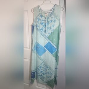 uniform petite john paul richard 100% linen dress long blue & mint green Beachy